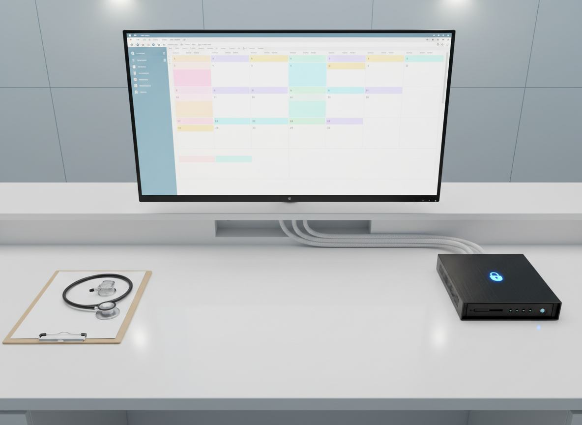 An overhead view of a tidy medical clinic scheduling station, featuring a large monitor filled with blurred calendar blocks and appointment slots, clearly structured but with no readable text. A secure-looking, compact server unit with a subtle lock icon indicator light sits beside the monitor, connected with neatly arranged cables. The white desk surface is immaculate, with a stethoscope and a small, closed folder suggesting patient care. Soft, indirect ceiling lighting creates even illumination with barely-there shadows, in a calm, professional photographic scene. The composition centers the monitor but includes enough surrounding context to imply tight integration between AI receptionist software and clinic systems, emphasizing data security and reliability.