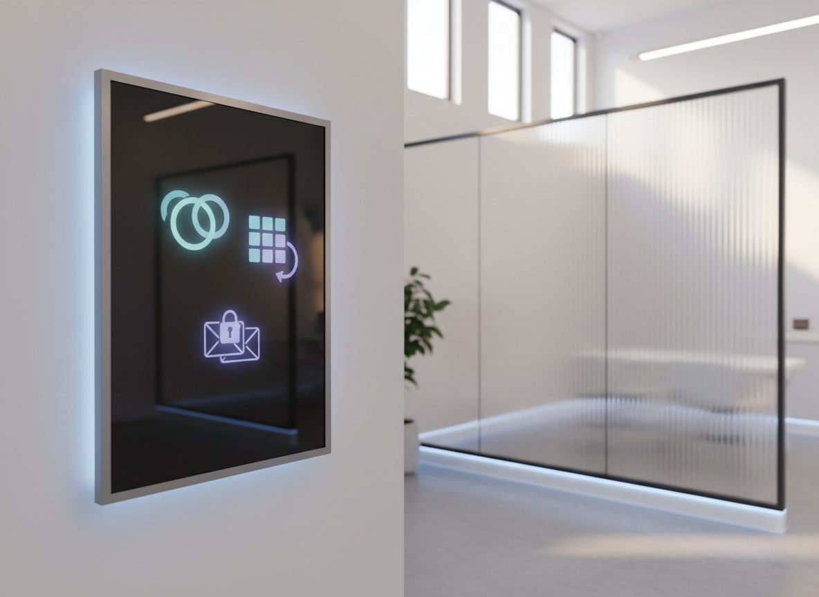 A sleek, wall-mounted digital interface in a modern medical clinic reception area