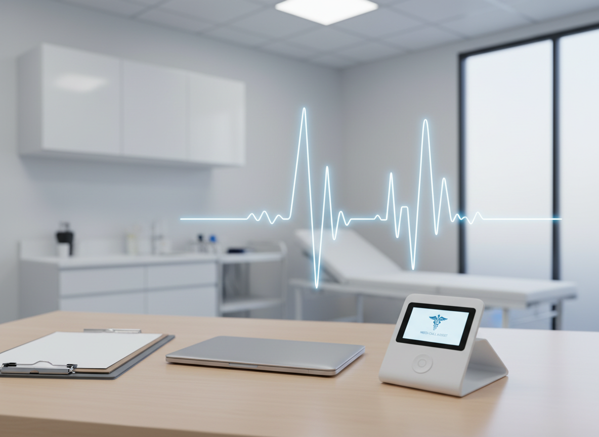 A transparent, glowing waveform hovering above a simple, high-end desk phone in a medical clinic office, suggesting an intelligent voice system rather than a physical robot. The phone sits on a light wood surface beside a closed, unbranded laptop and a neatly stacked clipboard, all in a spotless, private examination room. Cool white overhead lighting and soft window light from the side blend to create a bright, reassuring environment with minimal reflections. Photographic style, shot from a slightly elevated angle, using shallow depth of field so the waveform and phone are sharp while cabinets and medical equipment in the background are gently blurred, reinforcing a sense of secure, automated phone answering tailored to healthcare.