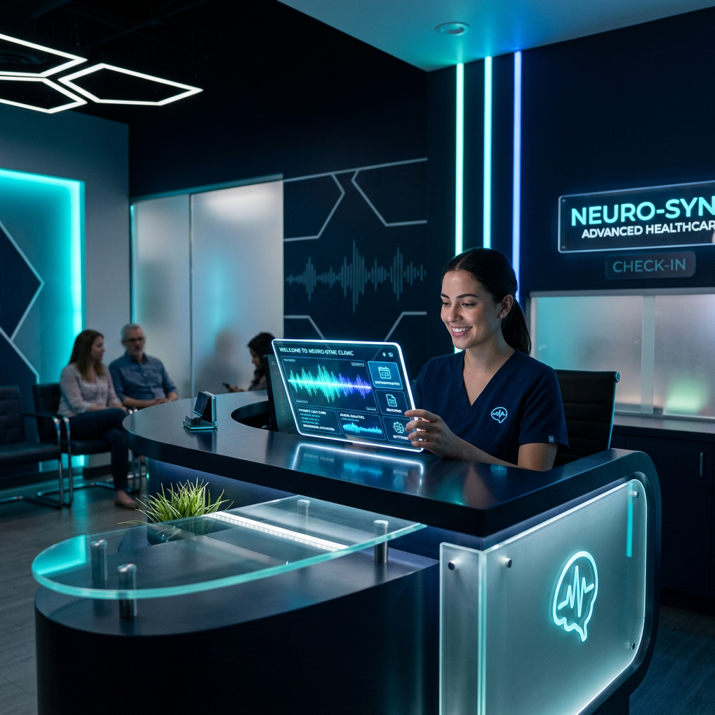 Receptionist interacting with a transparent digital screen at a neuroclinic check-in desk